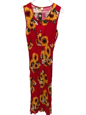 NWT Women Sunflower Red Maxi Dress Summer Sleeveless Button Boho Sundress XL